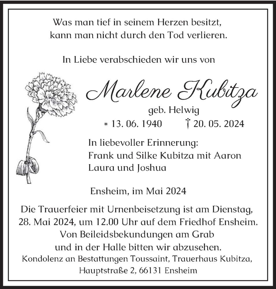  Traueranzeige für Marlene Kubitza vom 25.05.2024 aus saarbruecker_zeitung