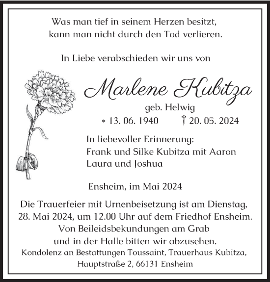 Traueranzeige von Marlene Kubitza von saarbruecker_zeitung