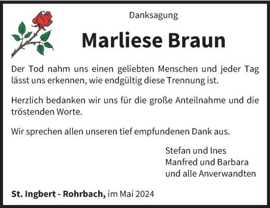 Traueranzeige von Marliese Braun von saarbruecker_zeitung