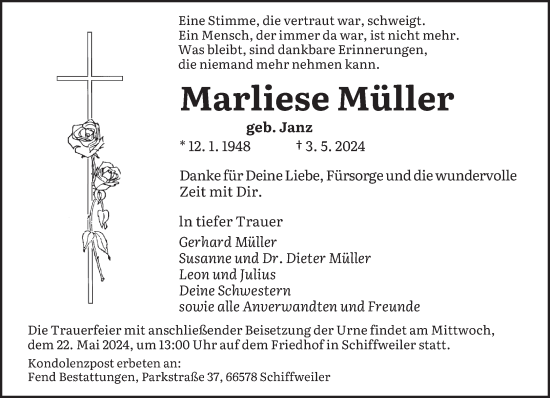 Traueranzeige von Marliese Müller von saarbruecker_zeitung