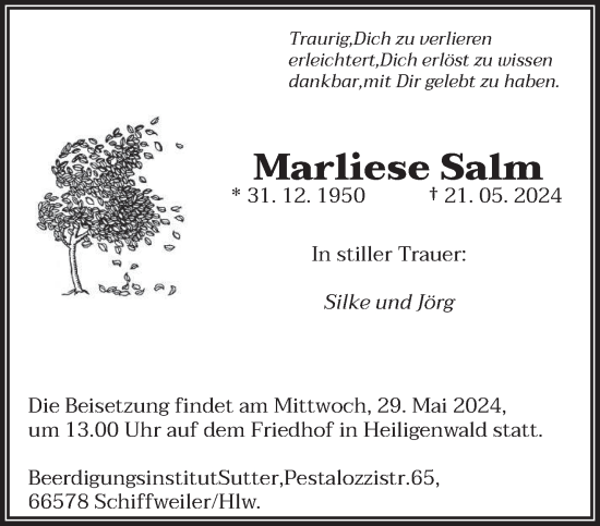 Traueranzeige von Marliese Salm von saarbruecker_zeitung