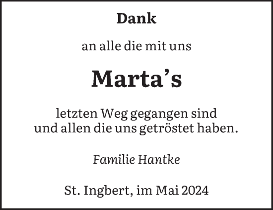 Traueranzeige von Marta  von saarbruecker_zeitung