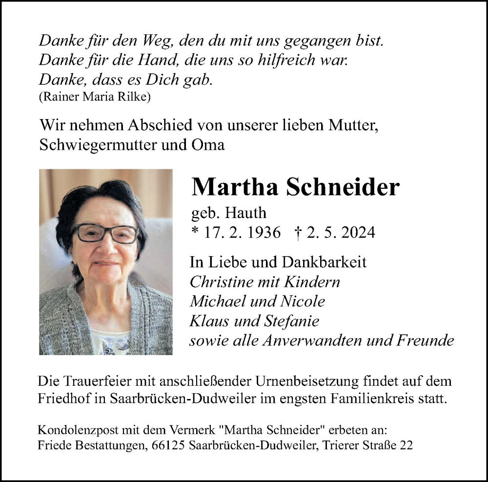  Traueranzeige für Martha Schneider vom 25.05.2024 aus saarbruecker_zeitung