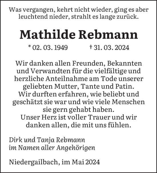 Traueranzeige von Mathilde Rebmann von saarbruecker_zeitung