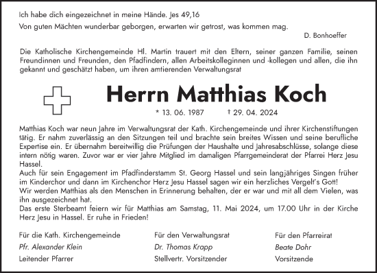 Traueranzeige von Matthias Koch von saarbruecker_zeitung