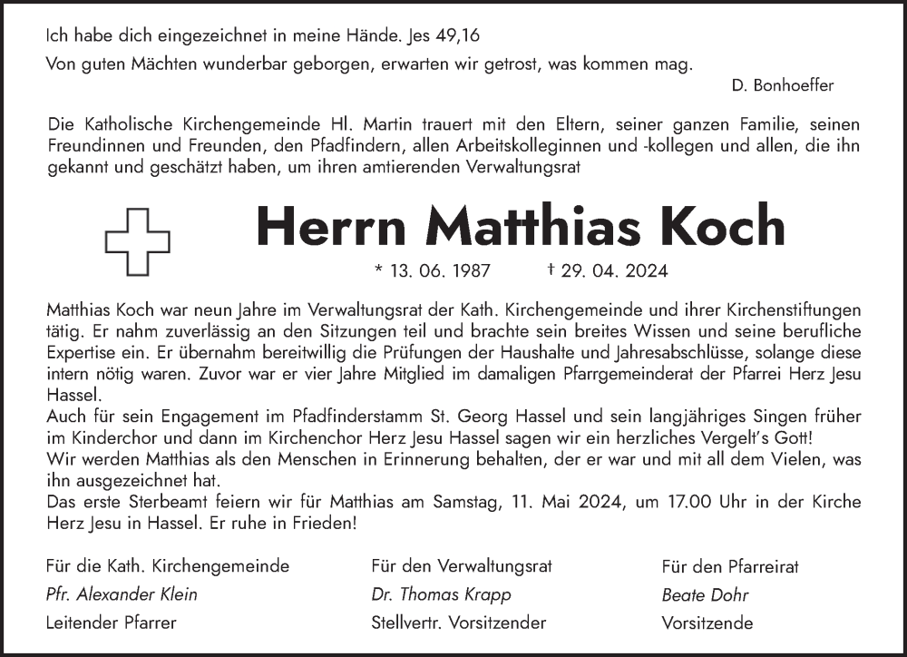  Traueranzeige für Matthias Koch vom 10.05.2024 aus saarbruecker_zeitung