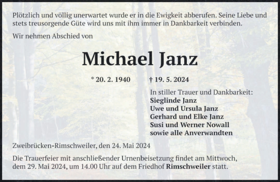 Traueranzeige von Michael Janz von saarbruecker_zeitung