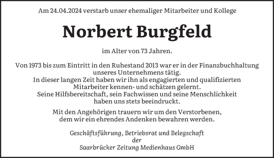 Traueranzeige von Norbert Burgfeld von saarbruecker_zeitung