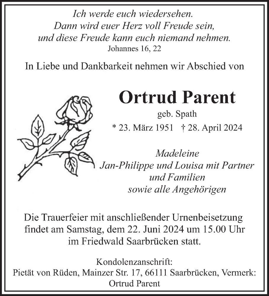  Traueranzeige für Ortrud Parent vom 04.05.2024 aus saarbruecker_zeitung