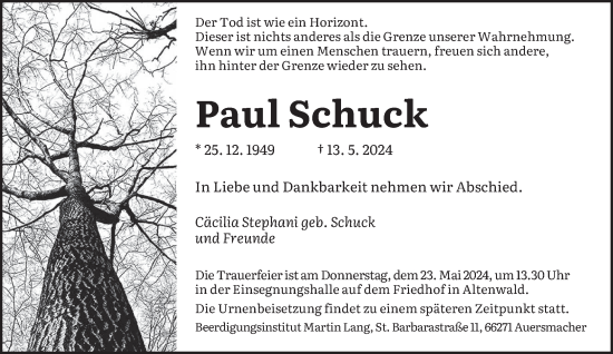 Traueranzeige von Paul Schuck von saarbruecker_zeitung