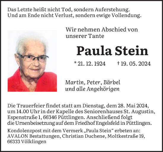 Traueranzeige von Paula Stein von saarbruecker_zeitung