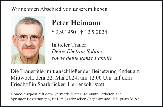 Traueranzeige von Peter Heimann von saarbruecker_zeitung