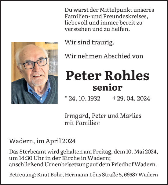 Traueranzeige von Peter Rohles von saarbruecker_zeitung