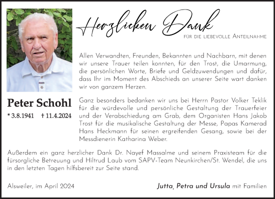 Traueranzeige von Peter Schohl von saarbruecker_zeitung