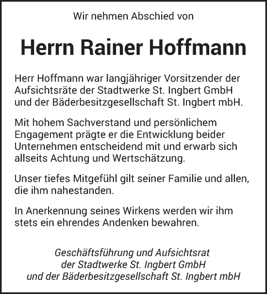 Traueranzeige von Rainer Hoffmann von saarbruecker_zeitung