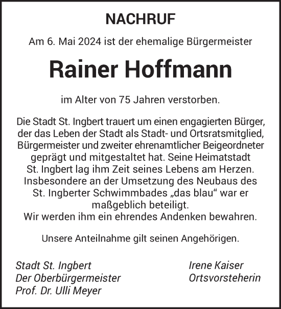 Traueranzeige von Rainer Hoffmann von saarbruecker_zeitung