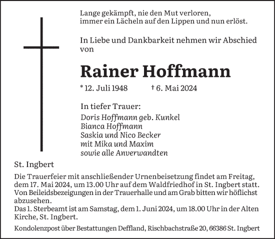 Traueranzeige von Rainer Hoffmann von saarbruecker_zeitung