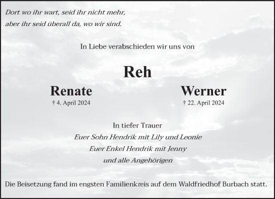 Traueranzeige von Renate und Werner Reh von saarbruecker_zeitung