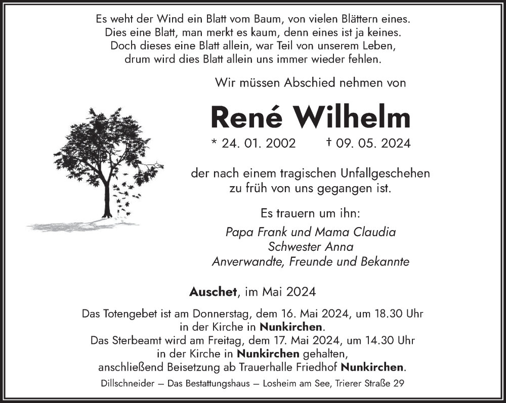  Traueranzeige für Rene Wilhelm vom 15.05.2024 aus saarbruecker_zeitung
