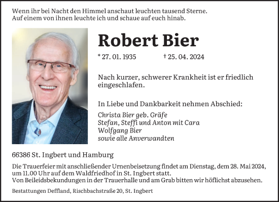 Traueranzeige von Robert Bier von saarbruecker_zeitung