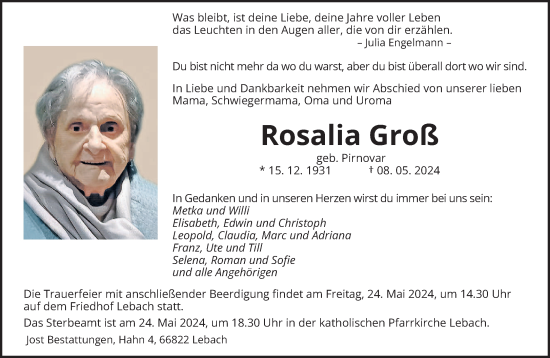 Traueranzeige von Rosalia Groß von saarbruecker_zeitung