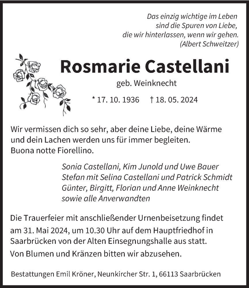  Traueranzeige für Rosmarie Castellani vom 25.05.2024 aus saarbruecker_zeitung