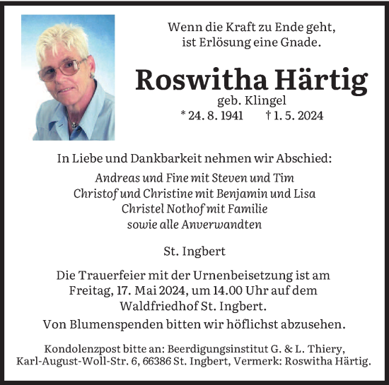 Traueranzeige von Roswitha Härtig von saarbruecker_zeitung