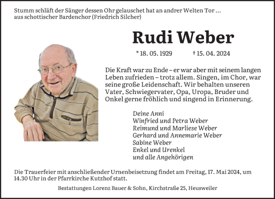 Traueranzeige von Rudi Weber von saarbruecker_zeitung