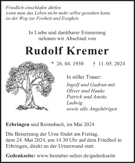 Traueranzeige von Rudolf Kremer von saarbruecker_zeitung