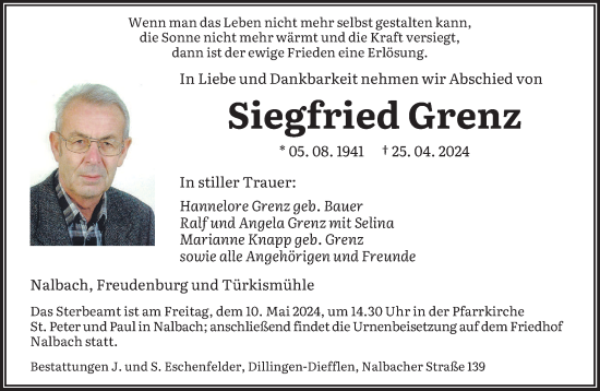 Traueranzeige von Siegfried Grenz von saarbruecker_zeitung