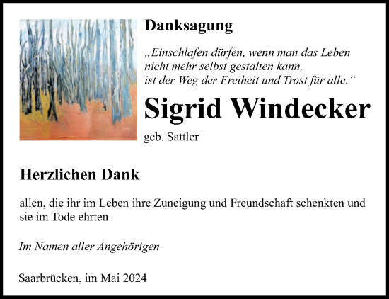 Traueranzeige von Sigrid Windecker von saarbruecker_zeitung