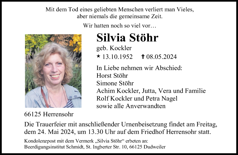  Traueranzeige für Silvia Stöhr vom 18.05.2024 aus saarbruecker_zeitung