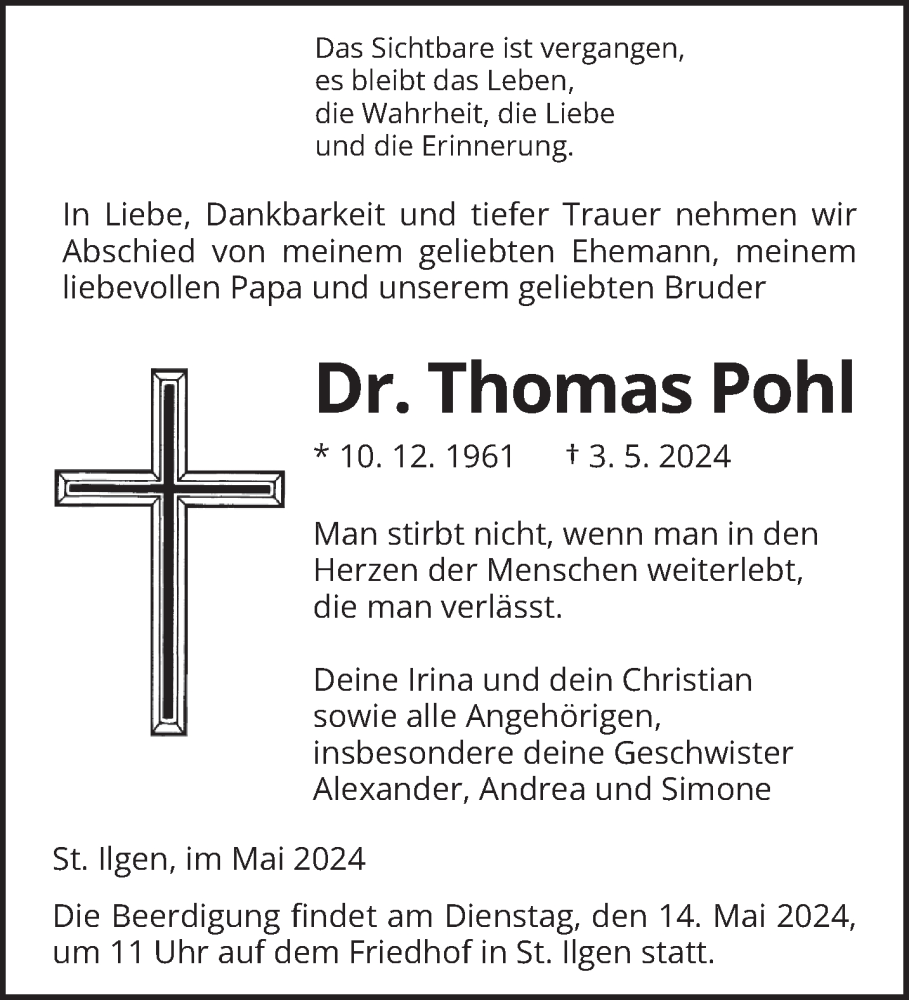  Traueranzeige für Thomas Pohl vom 13.05.2024 aus saarbruecker_zeitung