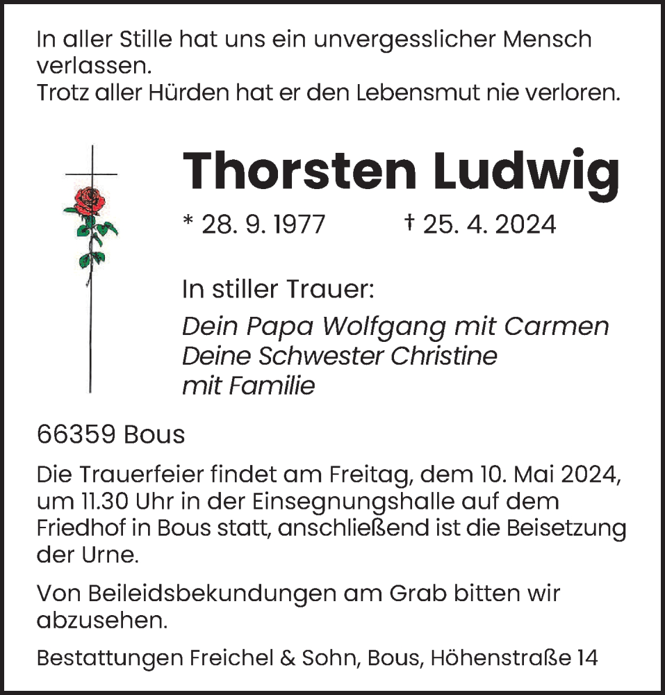  Traueranzeige für Thorsten Ludwig vom 04.05.2024 aus saarbruecker_zeitung