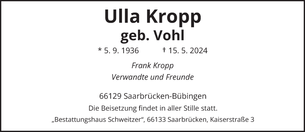 Traueranzeige für Ulla Kropp vom 18.05.2024 aus saarbruecker_zeitung