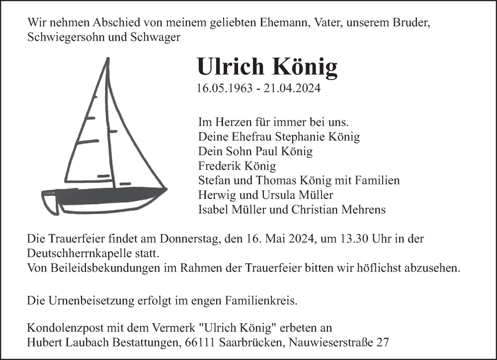  Traueranzeige für Ulrich König vom 04.05.2024 aus saarbruecker_zeitung