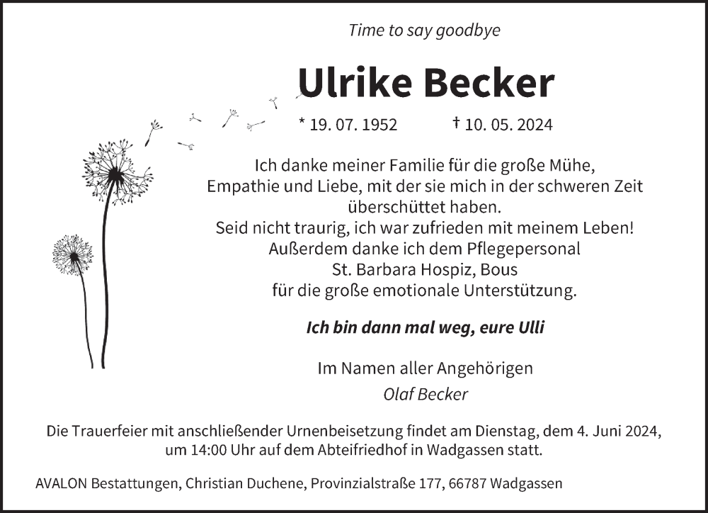  Traueranzeige für Ulrike Becker vom 25.05.2024 aus saarbruecker_zeitung