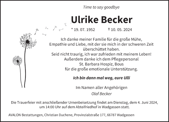 Traueranzeige von Ulrike Becker von saarbruecker_zeitung