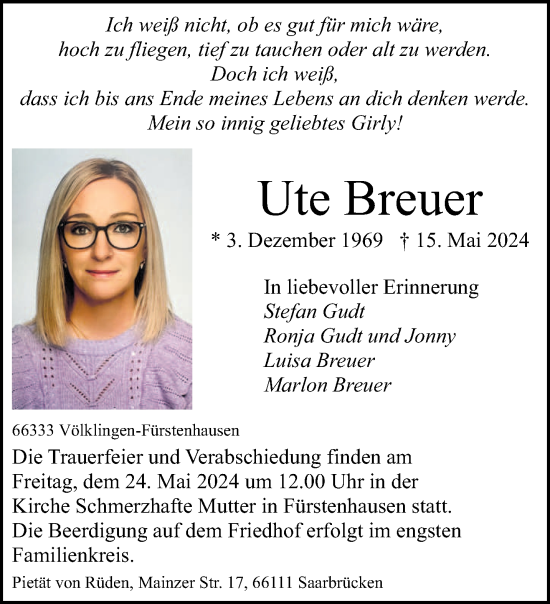 Traueranzeige von Ute Breuer von saarbruecker_zeitung