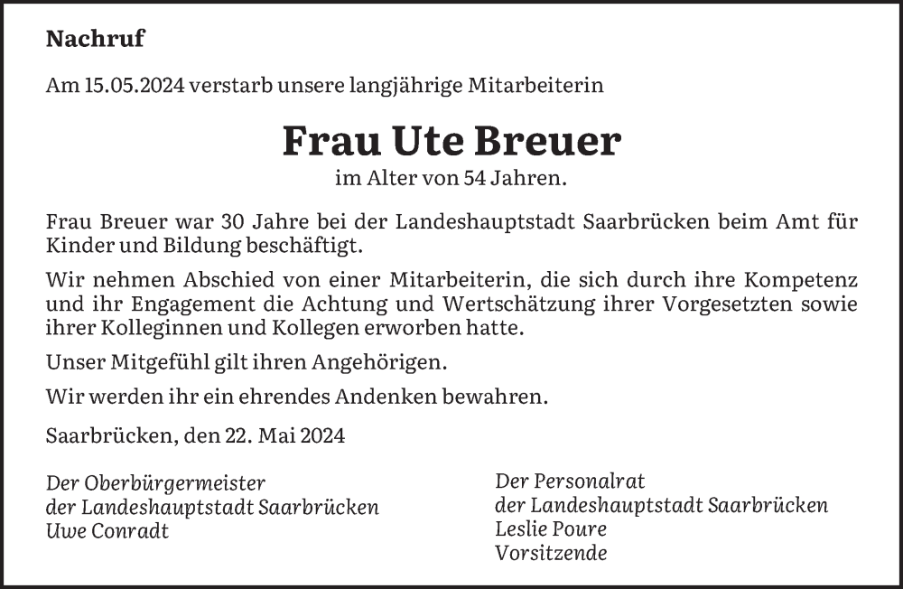  Traueranzeige für Ute Breuer vom 25.05.2024 aus saarbruecker_zeitung