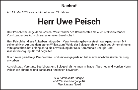 Traueranzeige von Uwe Peisch von saarbruecker_zeitung