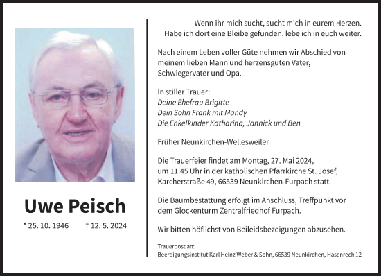 Traueranzeige von Uwe Peisch von saarbruecker_zeitung