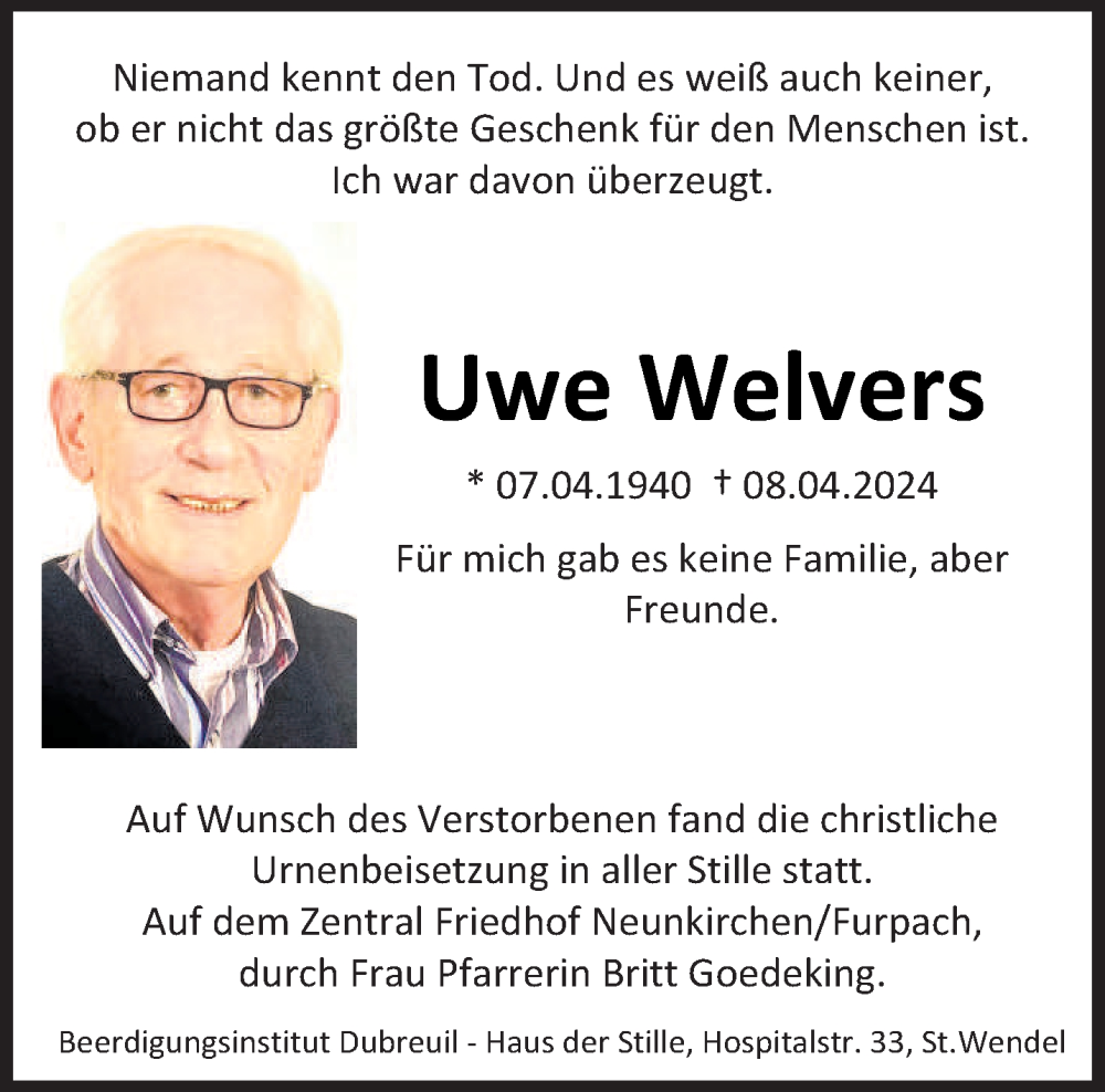  Traueranzeige für Uwe Welvers vom 11.05.2024 aus saarbruecker_zeitung