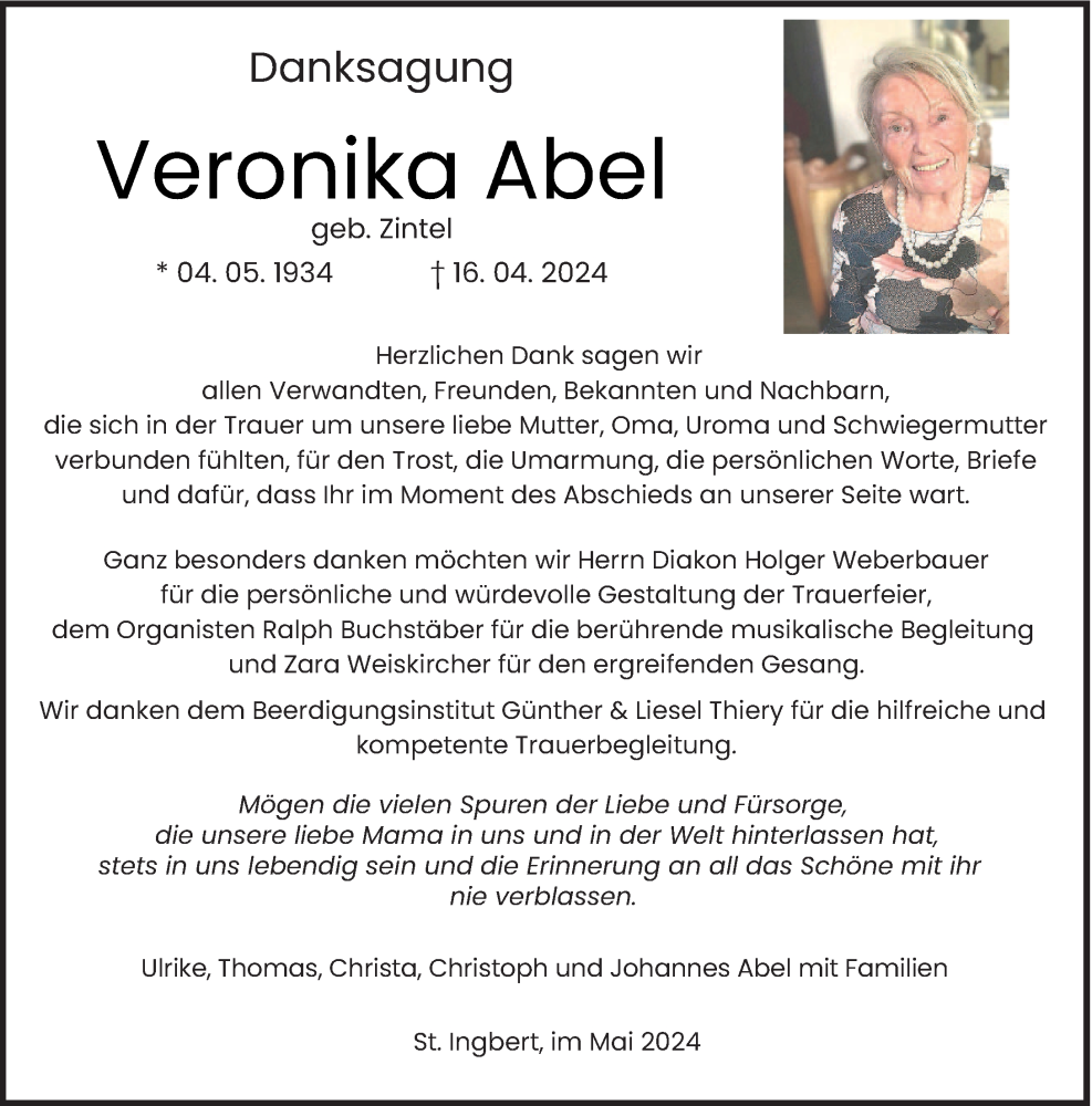  Traueranzeige für Veronika Abel vom 25.05.2024 aus saarbruecker_zeitung