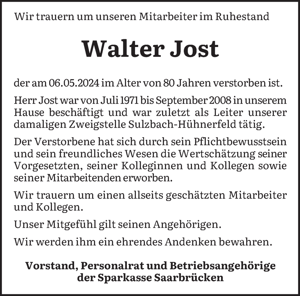  Traueranzeige für Walter Jost vom 18.05.2024 aus saarbruecker_zeitung