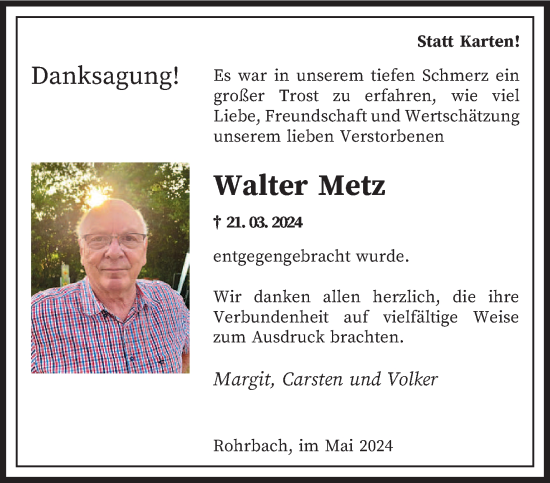 Traueranzeige von Walter Metz von saarbruecker_zeitung