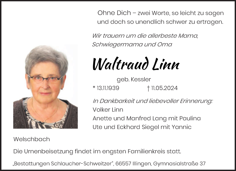  Traueranzeige für Waltraud Linn vom 18.05.2024 aus saarbruecker_zeitung