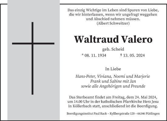 Traueranzeige von Waltraud Valero von saarbruecker_zeitung