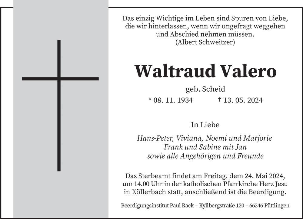  Traueranzeige für Waltraud Valero vom 18.05.2024 aus saarbruecker_zeitung