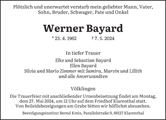 Traueranzeige von Werner Bayard von saarbruecker_zeitung